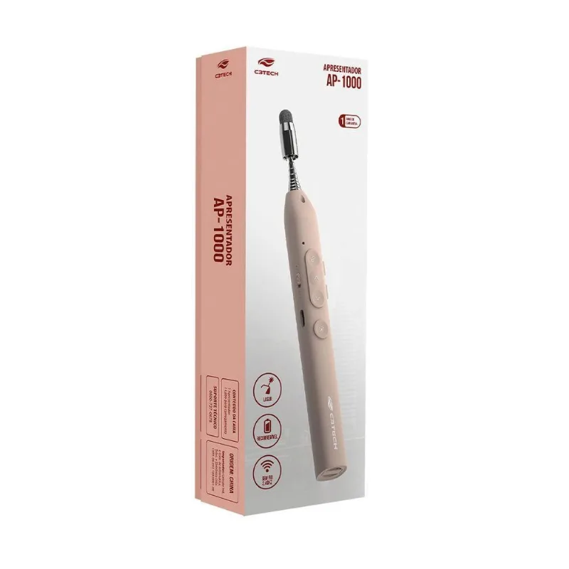 Apresentador sem Fio AP-1000 com Funções PPT e Multimídia, Laser Vermelho Champagne C3tech
