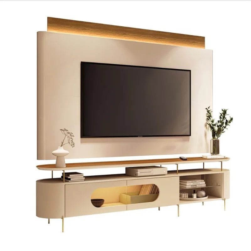 Conjunto Bancada Aria E Painel Nobre Led Para Tv Até 85” Off White/cinamomo - OUTRAS
