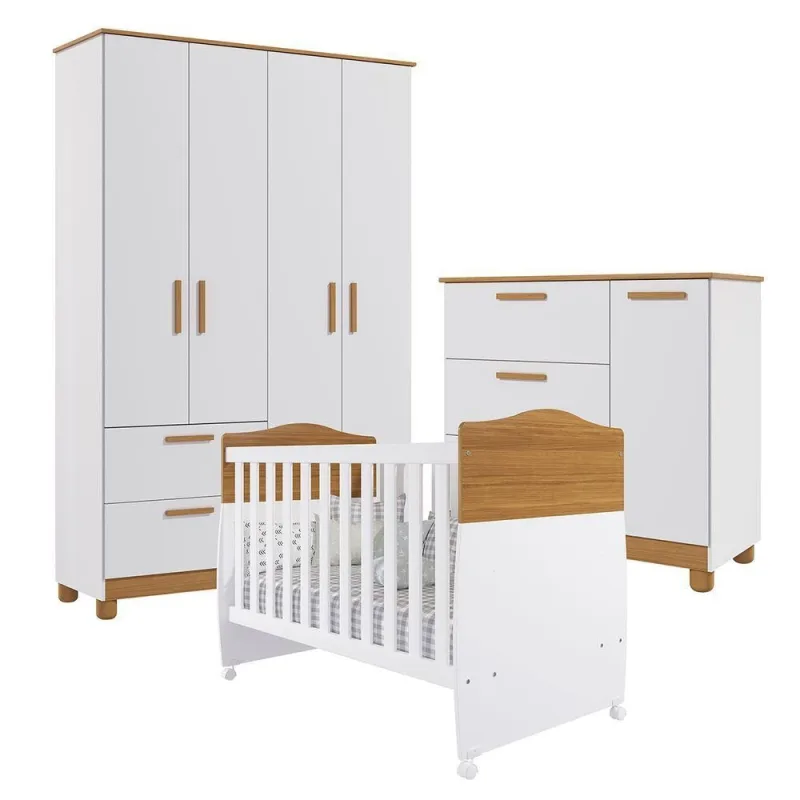 Conjunto de Quarto Berço Conforto Cômoda Roupeiro Jujuba 5 Portas 5 Gavetas MDF Branco Loja Doce Lar - OUTRAS - Móveis