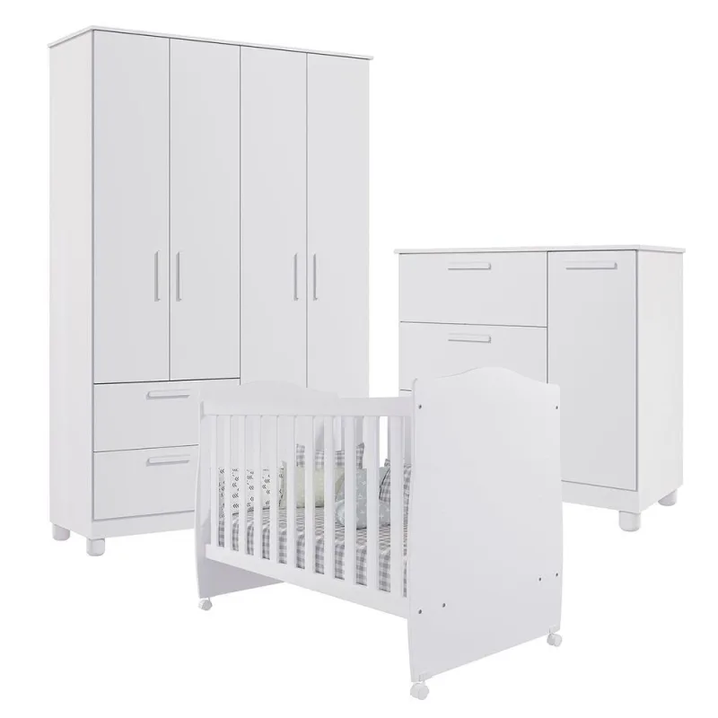 Conjunto de Quarto Berço Conforto Cômoda Roupeiro Jujuba 5 Portas 5 Gavetas MDF Branco Loja Doce Lar - OUTRAS - Móveis