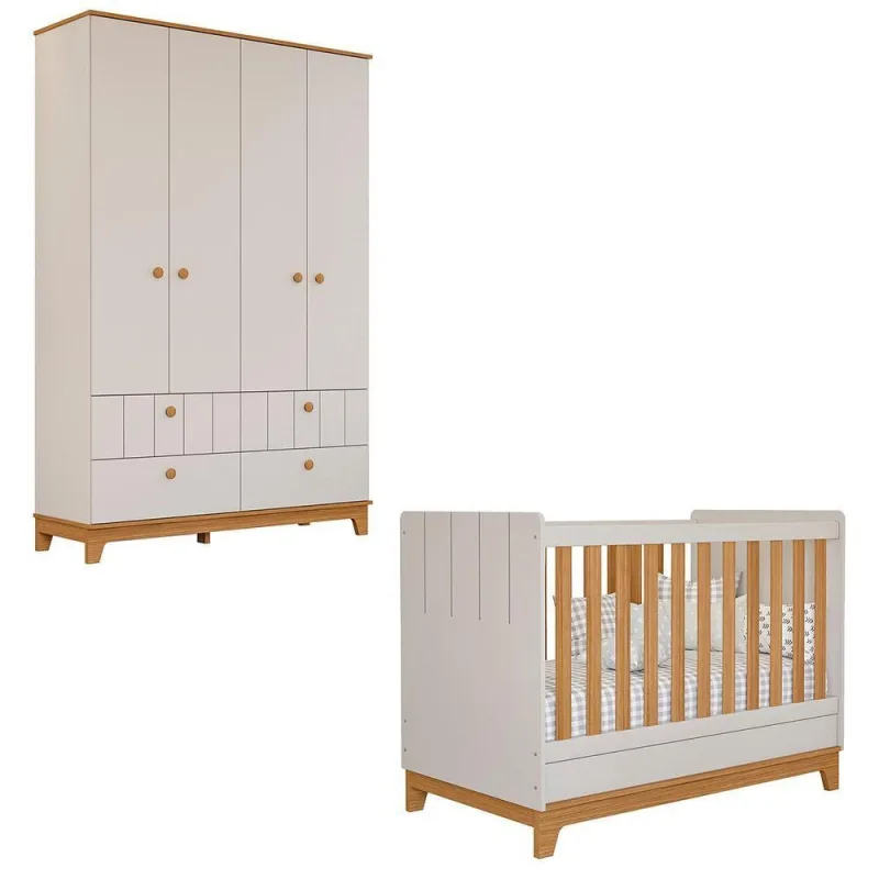 Conjunto de Berço e Roupeiro Biscoito 4 Portas 4 Gavetas MDF Off White Loja Doce Lar - OUTRAS