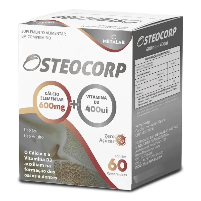 Osteocorp 600mg + Vitamina D3 400UI C/60 Comprimidos - Metalab