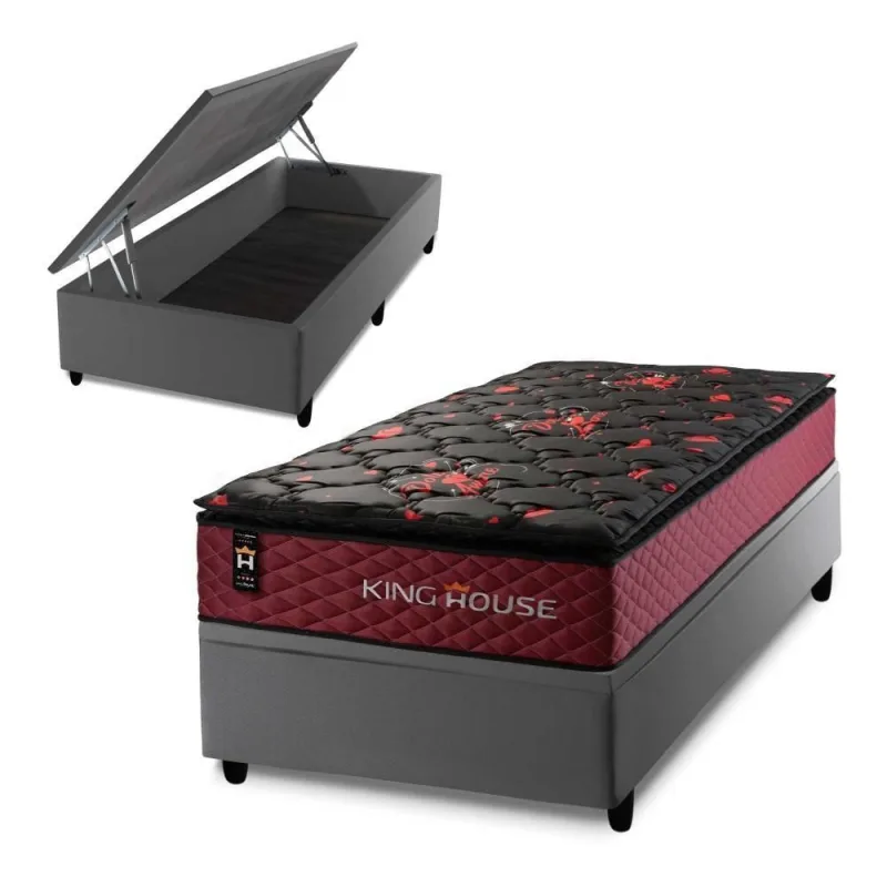 Cama Box com Baú Solteiro Toronto Molas Ensacadas Courino Cinza King House 88CM - king