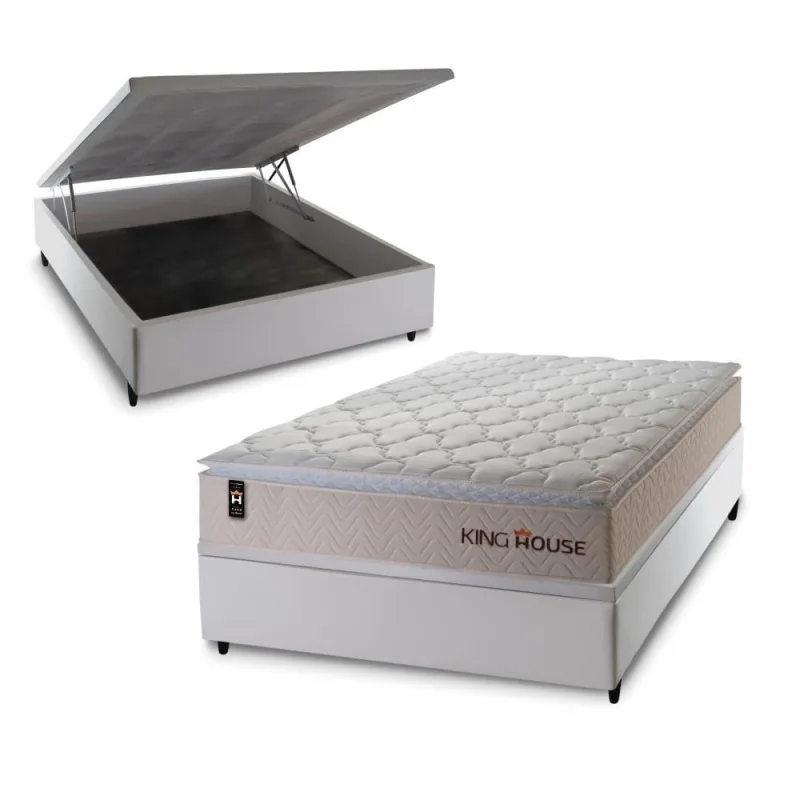 Cama Box com Baú Casal Roma Molas Ensacadas Courino Bege Branco King House 138CM - OUTRAS