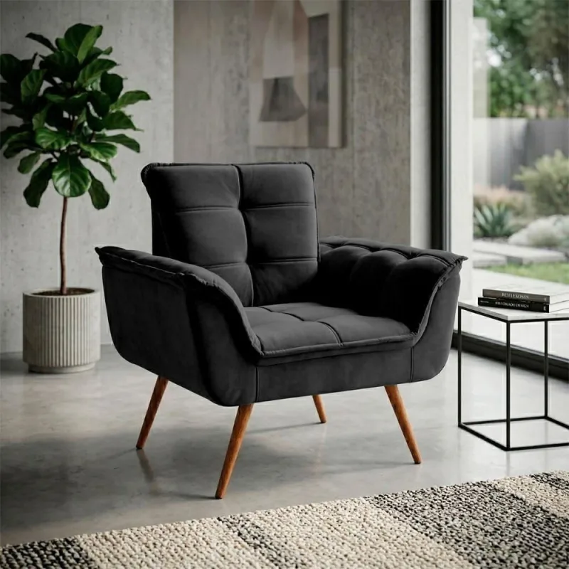 Poltrona Duala Decorativa Veludo Preto com Pés Palito para Sala de Estar King - king