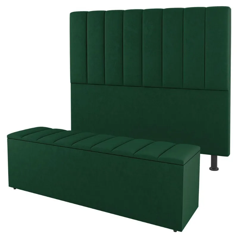 Cabeceira E Baú Cama Box Queen Size Cora 160cm Suede Verde