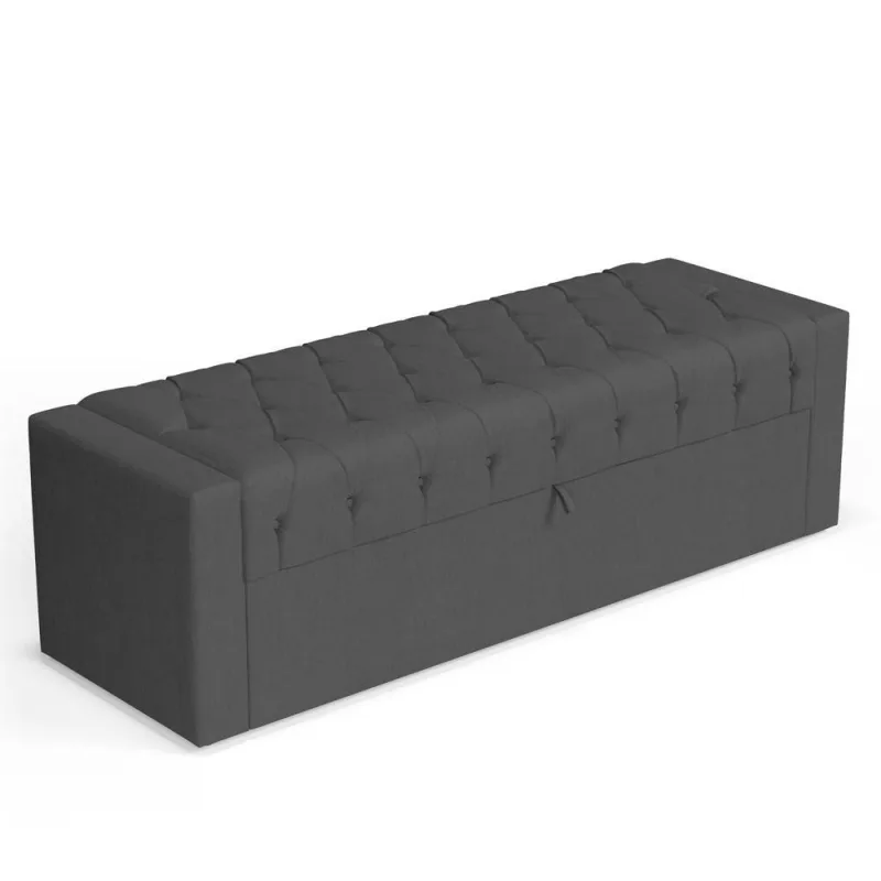Calçadeira Baú Atena 140CM Casal Linho Capitonê Madeira Cinza Escuro Abmaza - OUTRAS
