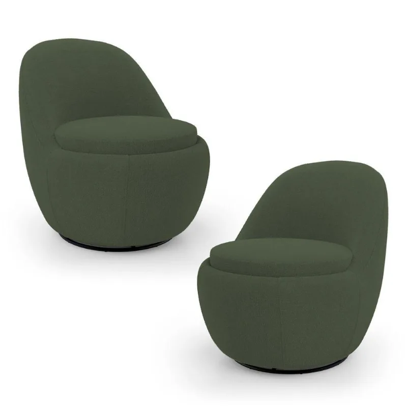 Kit 02 Poltronas Orgânicas Living Memphis Base Giratória Bouclê Verde Musgo - Abmaza