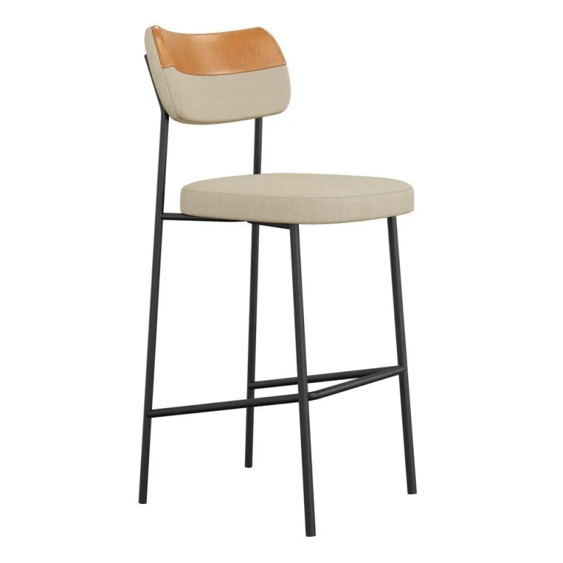 Banqueta Alta Cozinha Lila Estofada Com Encosto Couríssimo Whisky Linho Bege - Desk Design - OUTRAS - Móveis