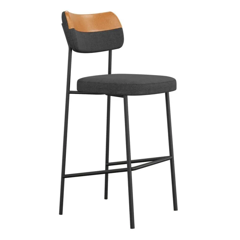 Banqueta Alta Cozinha Lila Estofada Com Encosto Couríssimo Whisky Linho Grafite - Desk Design - OUTRAS - Móveis