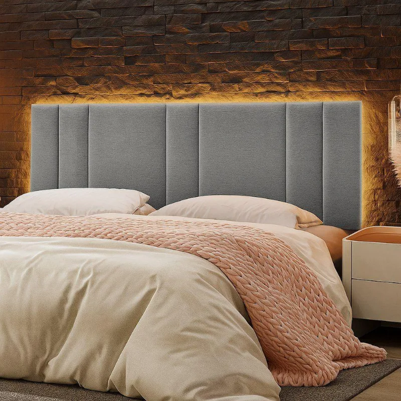 Cabeceira Painel Cama Box King Size Siri 200cm Com Led Linho Cinza - Abmaza