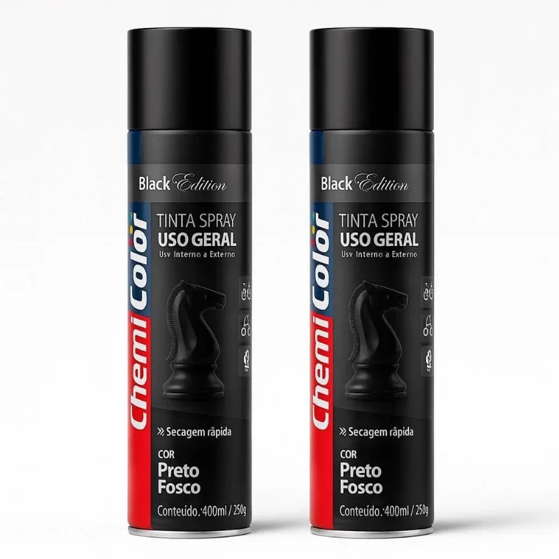 Kit 02 Tintas Spray 400ml Para Uso Geral Multiuso Secagem Rápida - Chemicolor Cor Preto Fosco