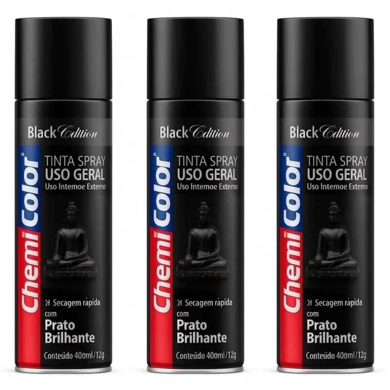 Kit 03 Tintas Spray 400ml Para Uso Geral Multiuso Secagem Rápida - Chemicolor Cor Preto Brilhante