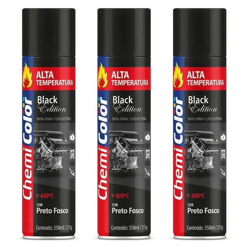 Kit 03 Tintas Spray 350ml Alta Temperatura Interno E Externo Secagem Rápida - Chemicolor Cor Preto Fosco