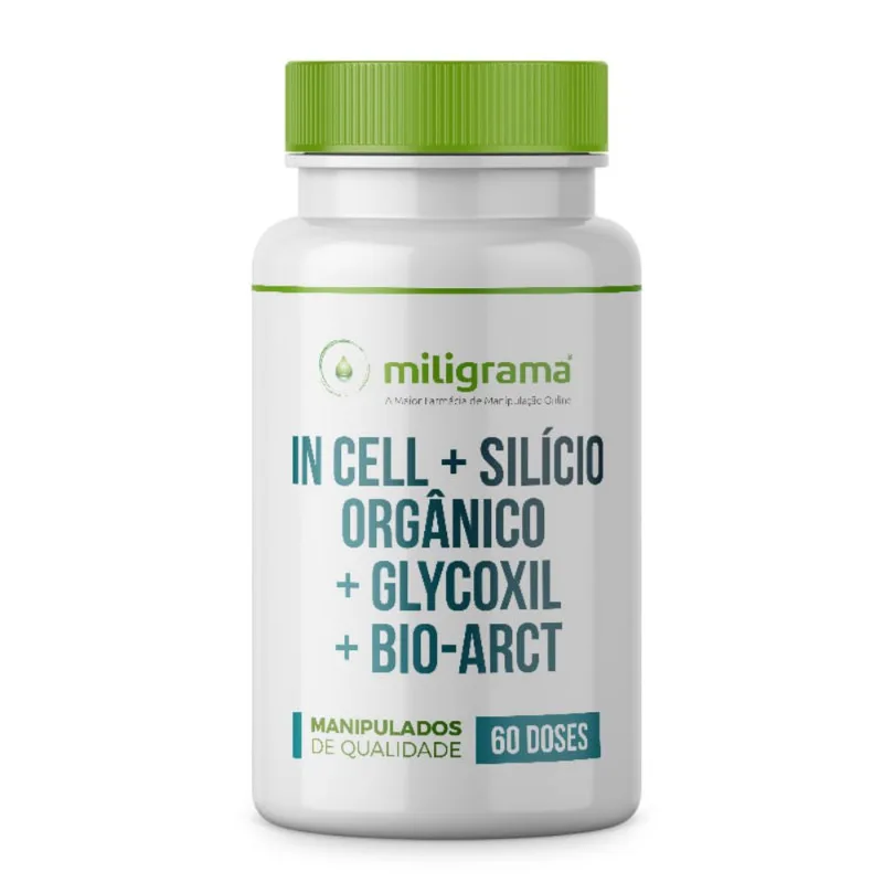 In Cell + Silicio Orgânico + Glycoxil + Bio-Arct com Selo de Autenticidade 60 Doses In Cell + Silicio Orgânico + Glycoxil + Bio-Arct 60 Doses Sem Sabor/Aroma 60 Doses Branca/Transparente