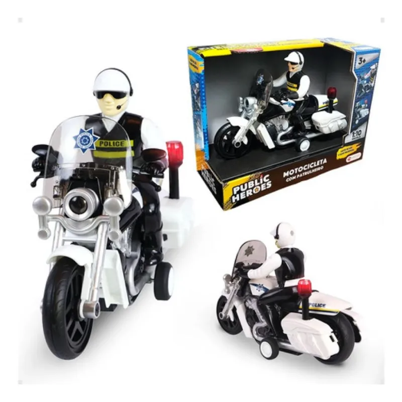 MOTOCICLETA COM PATRULHEIRO C/ LUZ, SOM E FRICCAO 1:10 PUBLIC HEROES