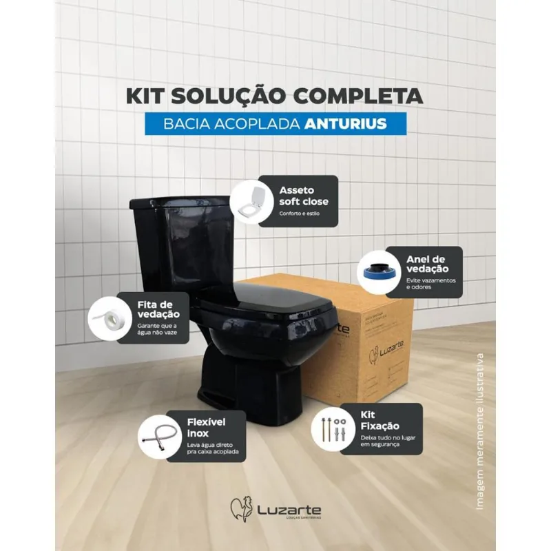 Conjunto Acoplado Com Kit de Instalação Solução Completa Anturius Branco 3/6L Preto Soft Close Luzarte