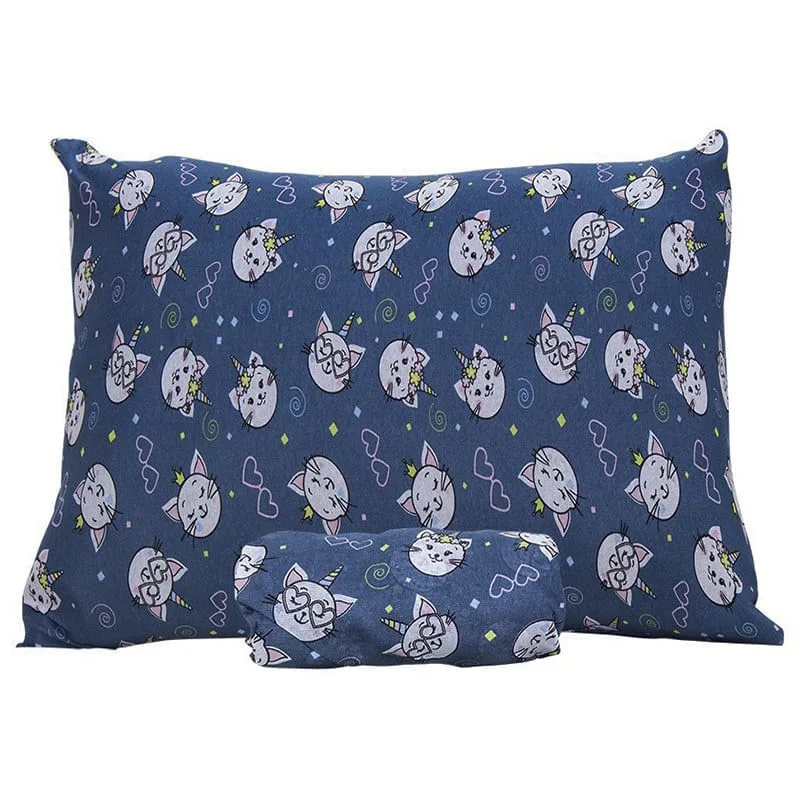 Jogo de Cama Solteiro Doce Vida Malha Misto Estampado Gatocornio 2 Pçs com Elastico Azul - Portallar - Cama, Mesa E Banho
