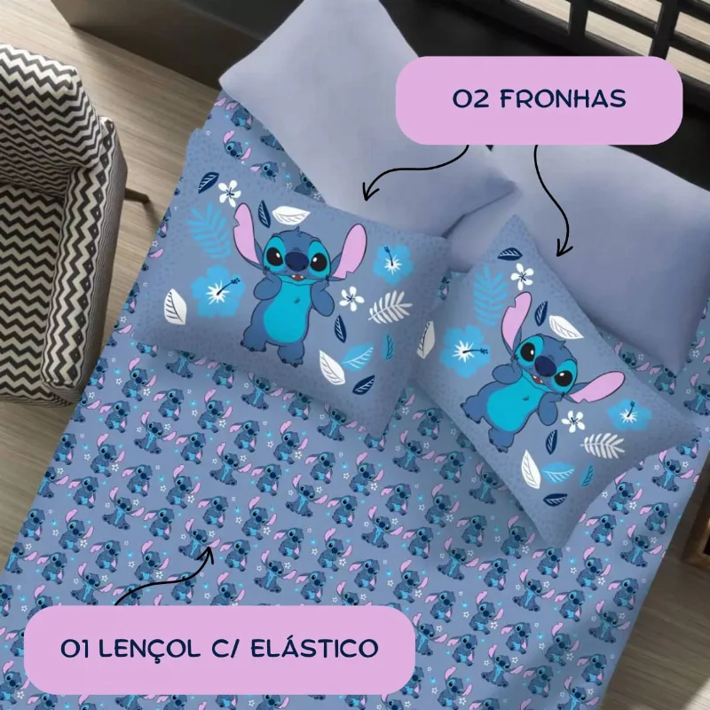 Jogo Cama Casal Lilo Stitch 3 Peças C/ Elástico Licenciado
