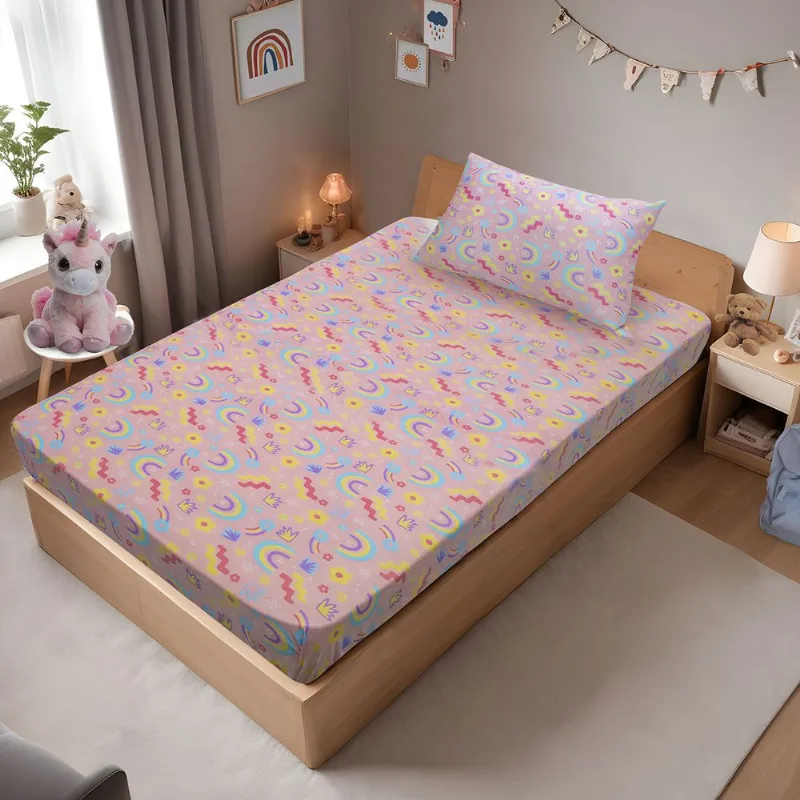 Jogo de Cama Solteiro Portallar Malha Misto Estampado Rainbow 2 Pçs com Elástico Rosa