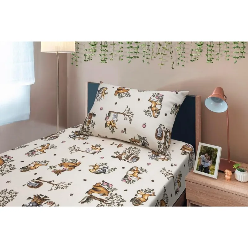 Jogo Cama Infantil 2 Pçs Algodão Lençol C/ Elástico Floresta