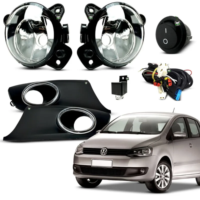 Kit Farol Auxiliar Milha Fox 2009 2010 2011 2012 2013 Moldura Preta c/ Aro Cromado Botao Tic Tac