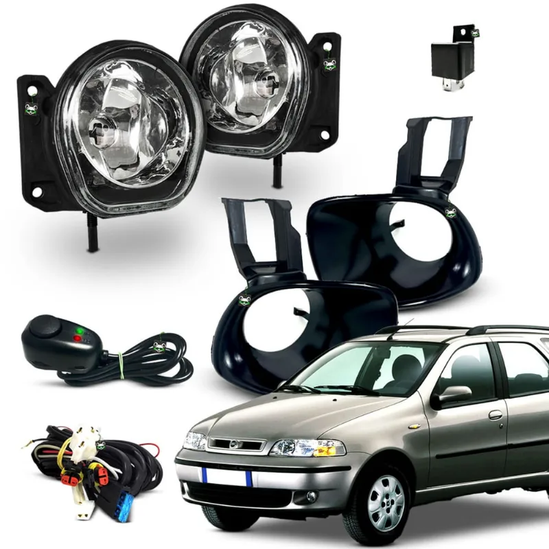 Kit Farol Auxiliar Milha Palio Weekend 2001 2002 2003 Moldura Preta Botao Colante