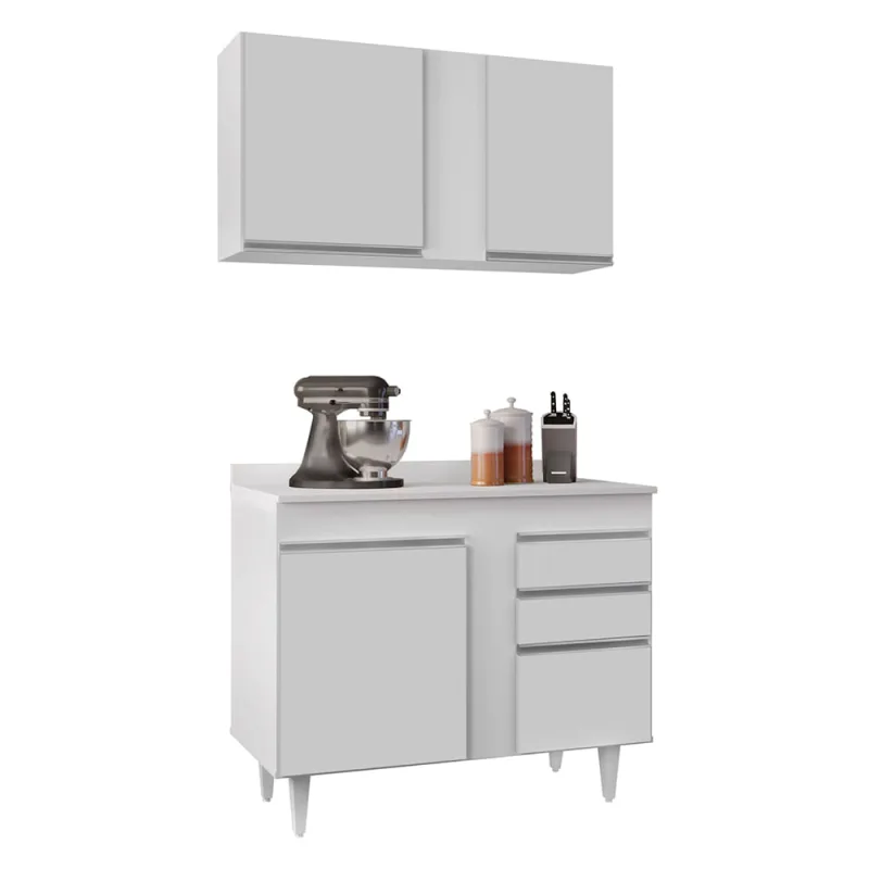 Kit Armário Aéreo e Balcão de Cozinha Lavanderia Aurora com Tampo Branco 100 cm - D'Rossi - DRossi - Móveis