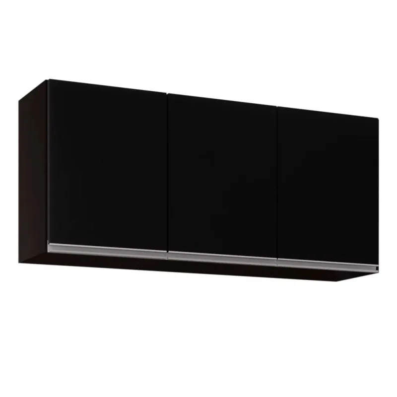 Armário Aéreo de Cozinha Lavanderia 03 Portas Tina Preto 120 Cm - D'Rossi - DRossi