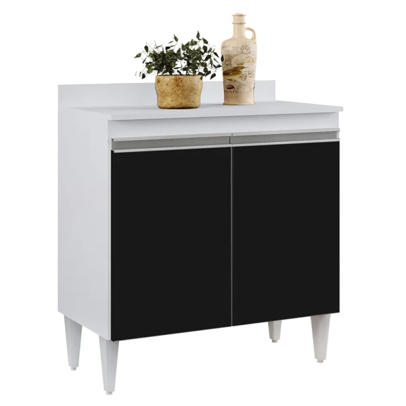 Balcão de Cozinha Lavanderia Com Tampo 02 Portas Sara Branco e Preto 80 Cm - D'Rossi - DRossi
