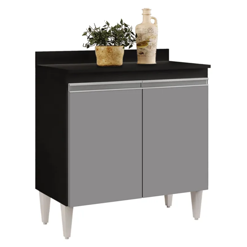 Balcão de Cozinha Lavanderia Com Tampo 02 Portas Sara Preto e Cinza 80 Cm - D'Rossi - DRossi