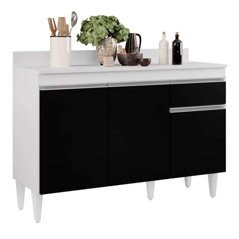Balcão de Cozinha Lavanderia Com Tampo 01 Gaveta Vick Branco e Preto 120 Cm - D'Rossi - DRossi