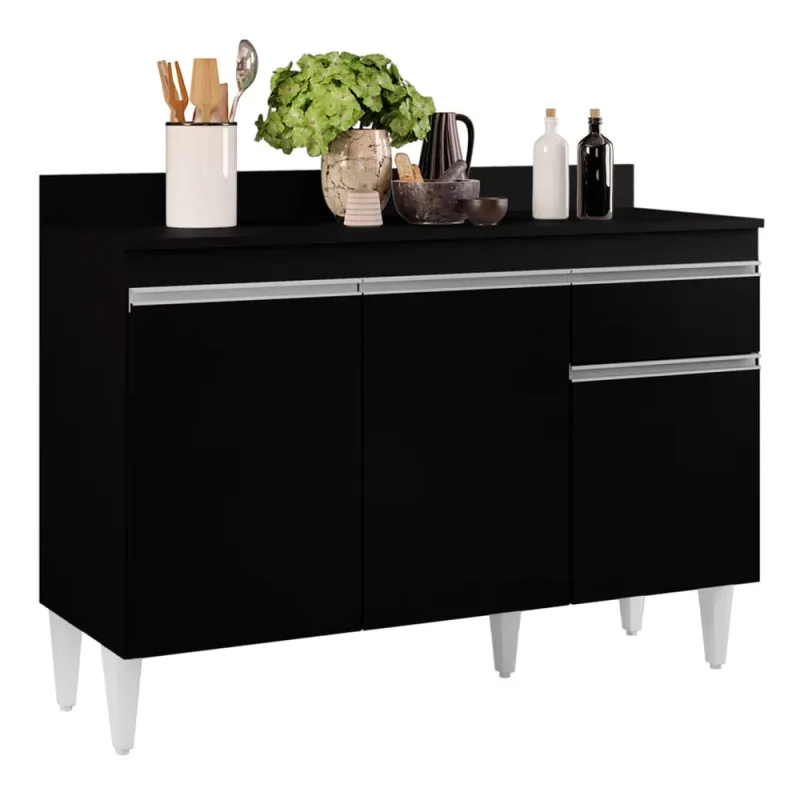 Balcão de Cozinha Lavanderia Com Tampo 01 Gaveta Vick Preto 120 Cm - D'Rossi - DRossi