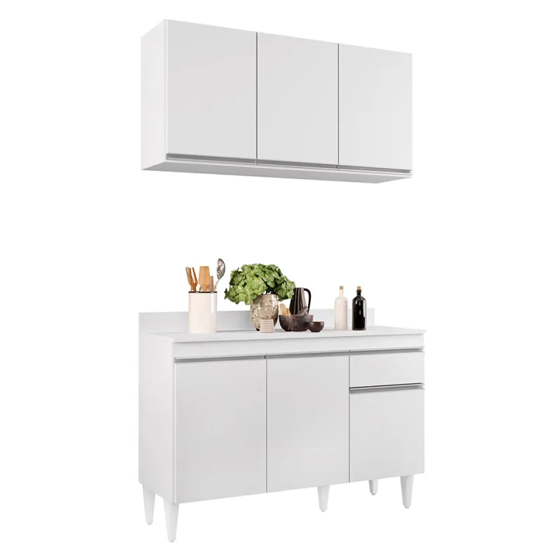 Kit Armário Aéreo e Balcão de Cozinha Lavanderia Lucy com Tampo Branco 120 cm - D'Rossi - DRossi - Móveis