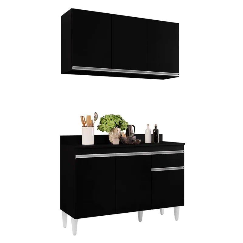 Kit Armário Aéreo e Balcão de Cozinha Lavanderia Lucy com Tampo Preto 120 cm - D'Rossi - DRossi - Móveis