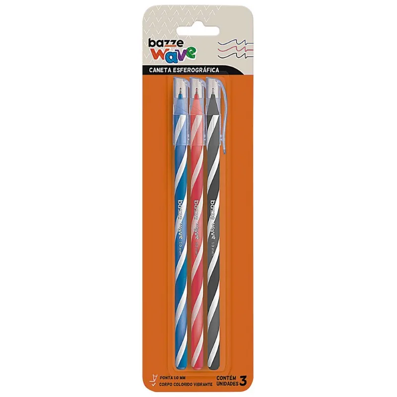 Conjunto com 3 Canetas Esferográficas Ponta 1.0mm 900487 Wave Bazze