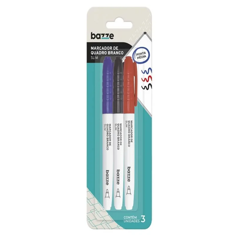 Marcador De Quadro Branco Slim Bazze - 3 Unidades