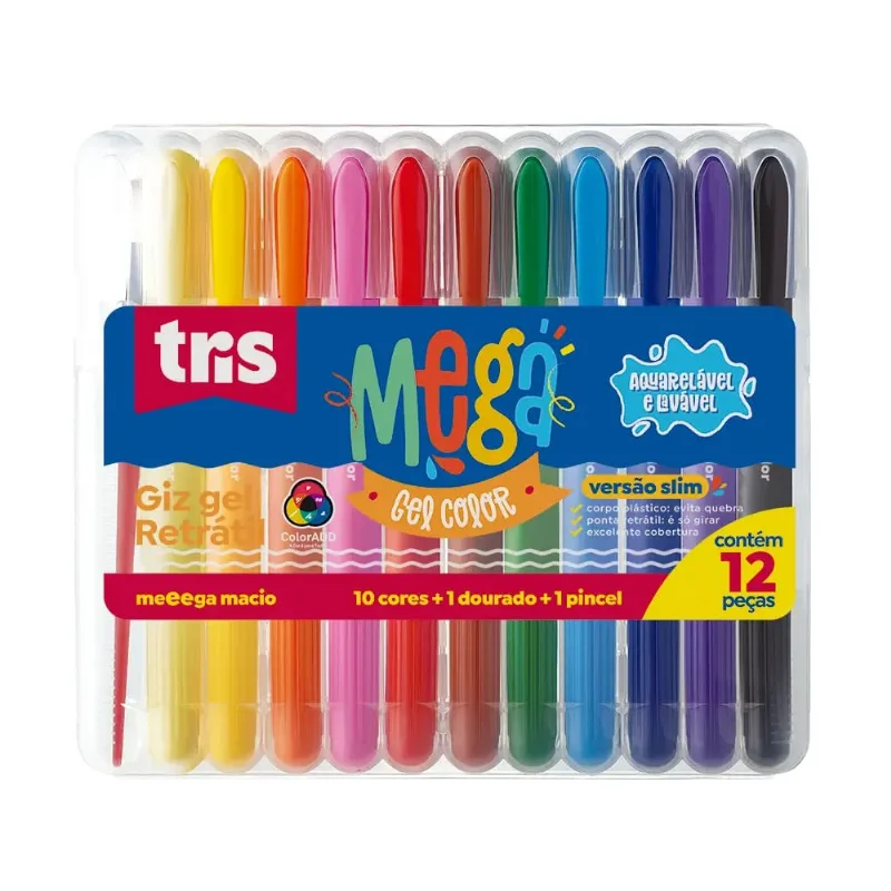 Giz De Cera 12 Cores Gel Retrátil Com Pincel