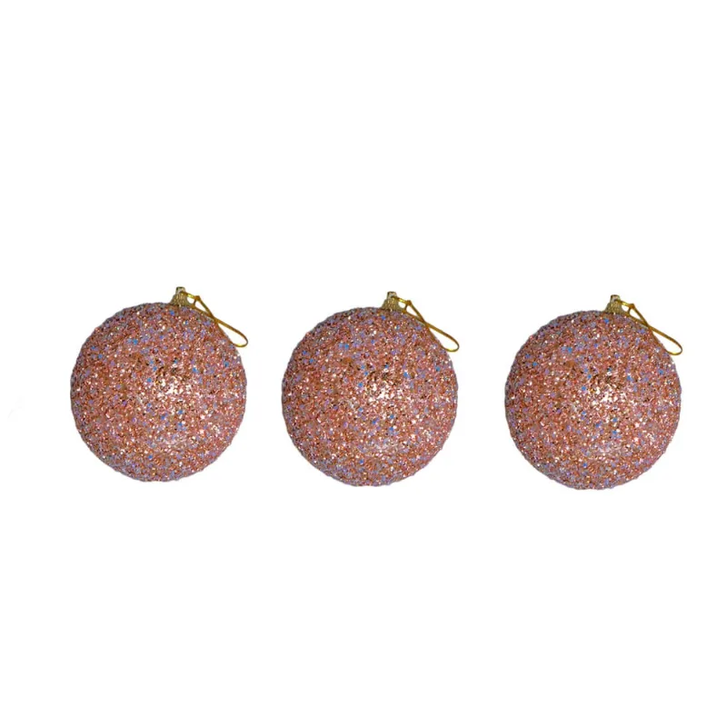 Trio de Bola de Natal Decorada Rosa com Brilho 10cm
