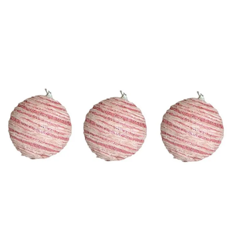 Trio Bola de Natal Rosa e Branca Decorada com Brilho 10cm