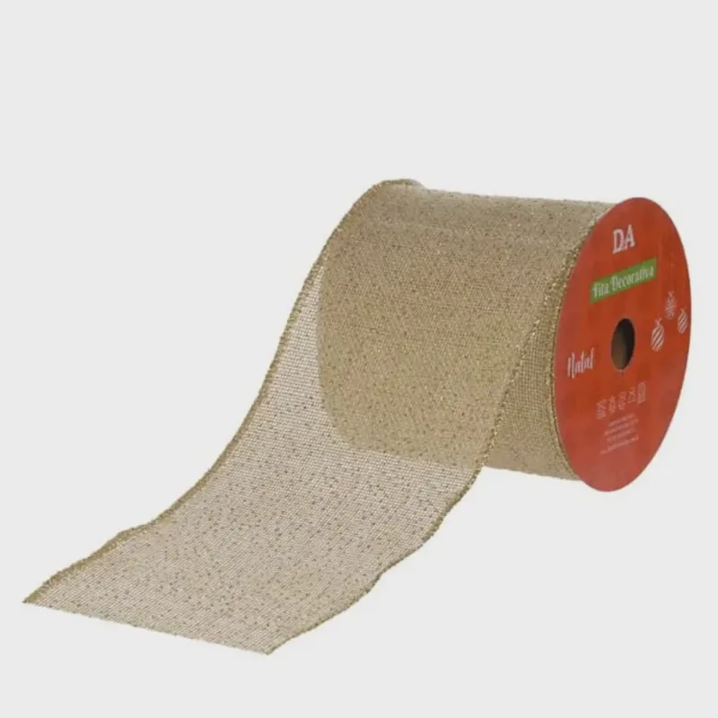 Fita Decorativa Bege com Glitter Dourado 6,3cm x 9,14m FT3995 - Tok da Casa
