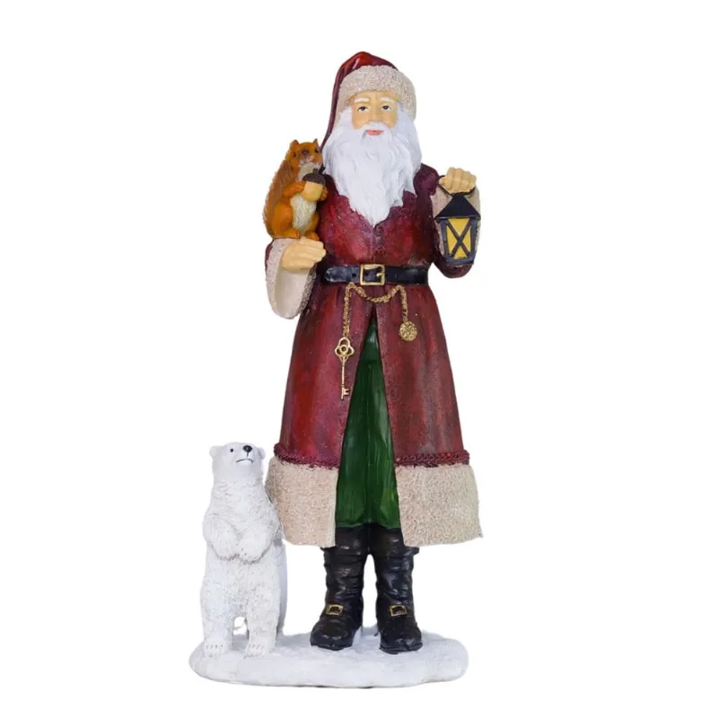 Papai Noel Decorativo resina lanterna e urso vermelho 30cm