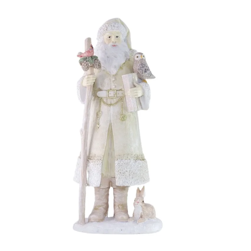 Papai Noel Decorativo em resina cajado e coruja branco 30cm