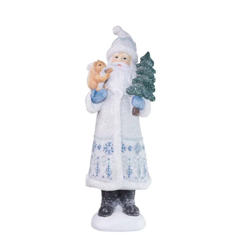 Papai Noel Decorativo em resina pinheiro e esquilo azul 23cm