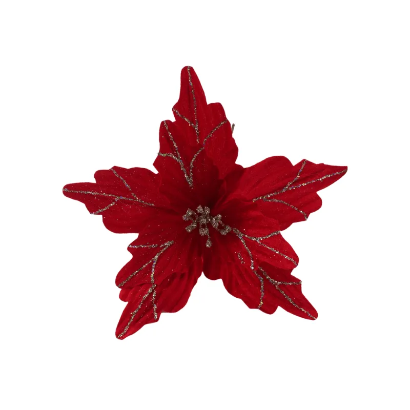 Poinsetia Decorativa Vermelha e Prata 30cm