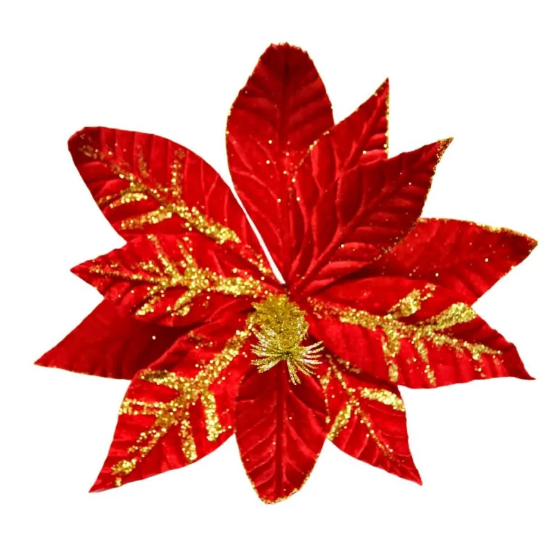 Flor Poinsettia Decorativa Tok Vermelho Glitter 50cm 3626 (MP)