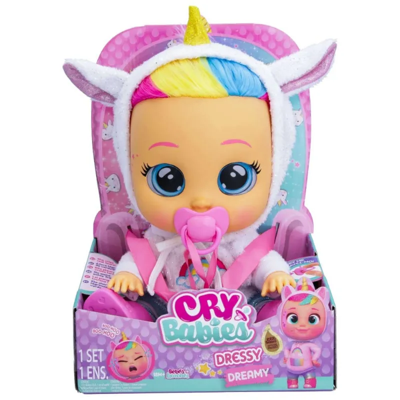 Boneca Cry Babies Dressy Dreamy - Unicórnio - Branco - Multikids