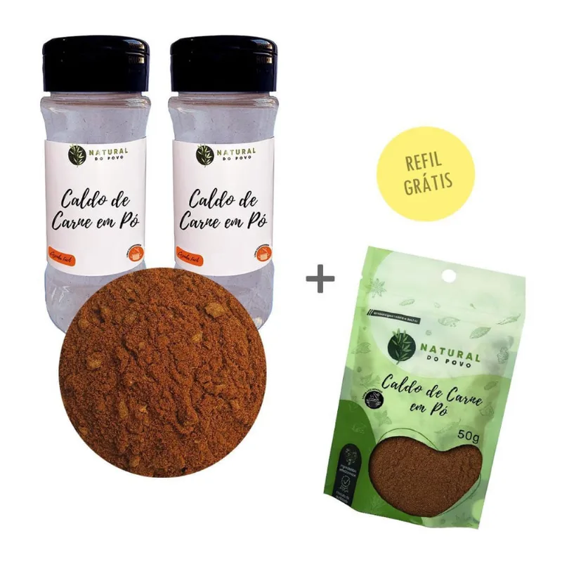 Caldo De Carne Em Pó Kit 2 Pote Com Dosador + Refil 80G