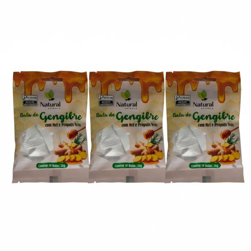 Kit 3 Balas De Gengibre Mel E Propolis Verde Natural Apicola - Não Informado