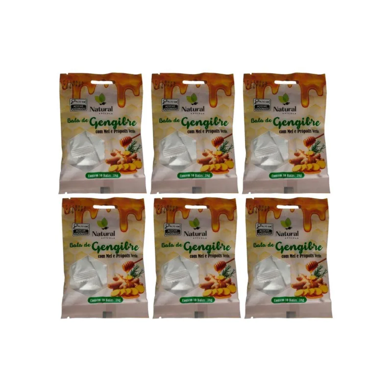 Kit 6 Balas De Gengibre Mel E Propolis Verde Natural Apicola - Não Informado